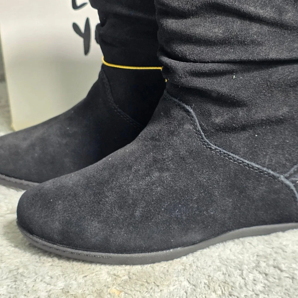 Cougar Buttery Suede Boots Black‎ Waterproof Slouchy Leather Wedge Women 6 W NEW
